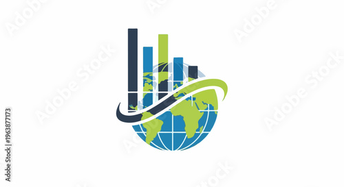 A globe with bar charts and swooshes, symbolizing global business growth