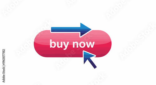 A glossy pink button with white text 'buy now' and two blue arrows