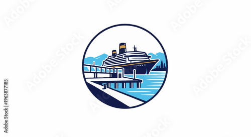 A cruise ship docked at a pier with mountains and trees in the background