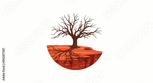 A cross-section of arid earth reveals a barren tree and its extensive root system