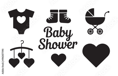 Baby shower invitation design with baby clothes, shoes, stroller, mobile, and hearts on white background.
