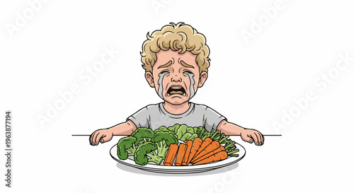 A crying child with a plate of broccoli and carrots