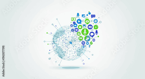 A glowing digital globe erupts with social media and communication icons on a white background
