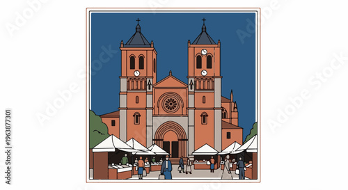A grand church with twin towers overlooks a bustling outdoor market with people