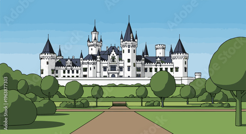 A grand white castle with dark turrets sits atop a hill, surrounded by lush greenery