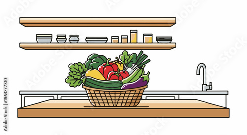 A basket of fresh vegetables sits on a kitchen counter with shelves and a sink