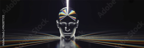 Futuristic AI human head with prism light beams and neural energy rays on dark background, digital technology and innovation concept