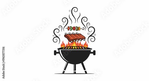 A barbecue grill with ribs and skewers cooking over flames