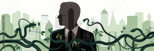 Businessman silhouette with snakes and vines in modern green cityscape, concept of corporate greed, corruption and toxic leadership