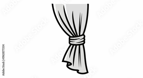 A gray curtain is cinched with a tie-back, showing its folds and drape