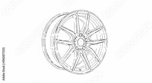 A graphic sketch of a multi-spoke automotive wheel with a central hub