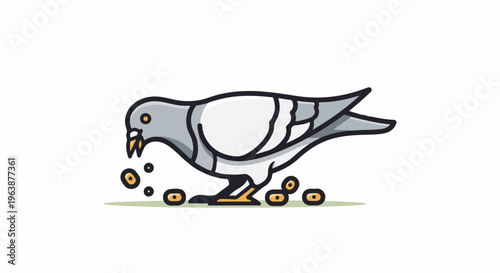 A gray pigeon pecks at round seeds on a green surface