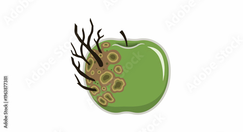 A green apple with brown rot and dark branches growing from it