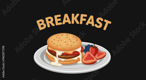 A pixelated hamburger with melted cheese is served with berries on a plate