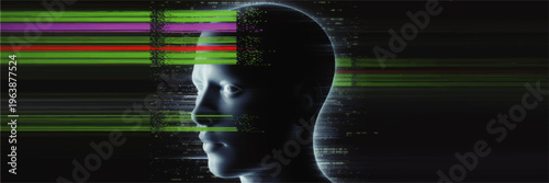Futuristic AI head with digital data streams and glitch lines, neon cyber technology concept background for innovation and analytics
