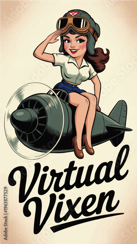 Retro pin up pilot girl riding vintage airplane propeller nose cone, cartoon aviation artwork with Virtual Vixen lettering on beige background