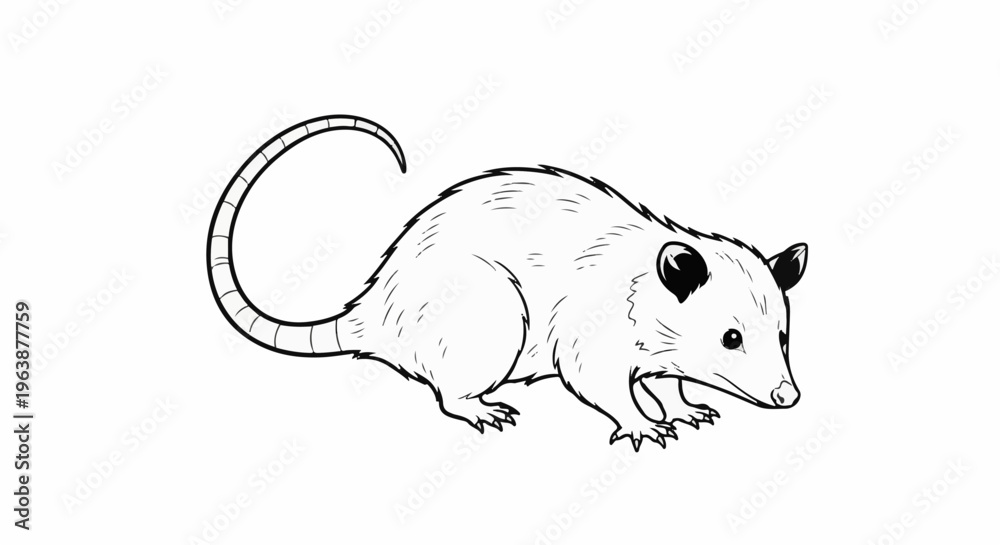 Obraz premium Black and white line drawing of a possum with a long tail