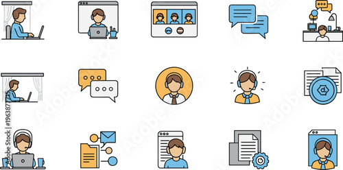 Customer Support and Online Service Icon Set Featuring Call Center Chat Communication and Technical Assistance Flat Vector Illustration Isolated on White Background