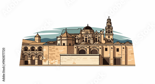 A pixelated illustration of a large historical building with domes and arches