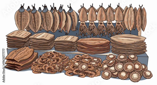 A market stall displays dried seafood and snacks