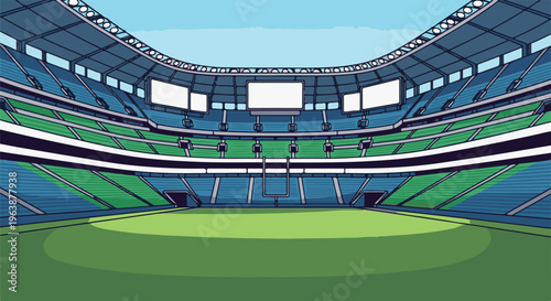 A pixelated stadium with green grass and blue seats under a bright sky