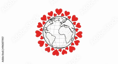 A planet earth surrounded by red hearts, symbolizing love for the world
