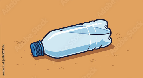 A plastic bottle filled with water lies on the sandy ground