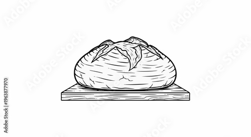 Black and white line drawing of a round, rustic loaf of bread on a wooden board