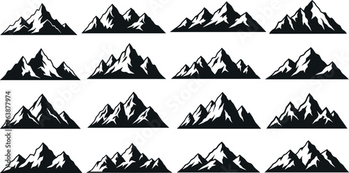 Black and White Mountain Peaks Set with Snowy Tops, Landscape Icons for Outdoor, Travel, and Adventure Illustrations and Digital Design