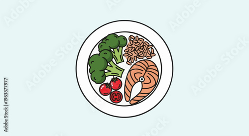 A plate of food salmon steak, broccoli, tomatoes, and beans