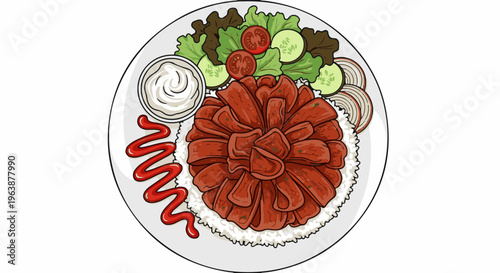 A plate of sliced meat over rice with salad, sauce, and a dollop of dip
