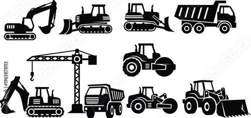 Construction vehicles and heavy machinery icons