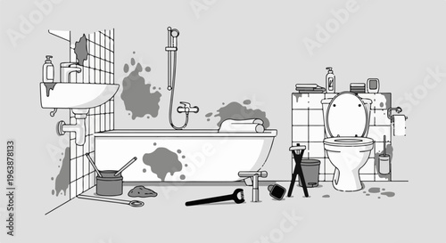 A messy bathroom with a bathtub, toilet, sink, and tools