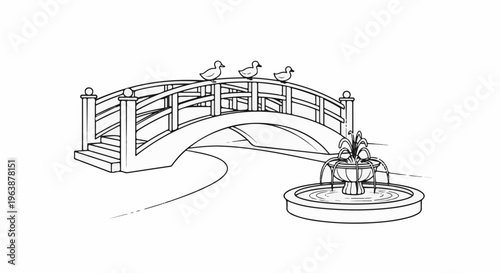 A quaint park scene featuring a wooden bridge with three ducks and a fountain