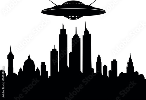 Futuristic flying saucer hovering over city skyline silhouette illustration