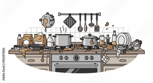 A messy kitchen counter after cooking with spills, pots, pans, dishes, and ingredients