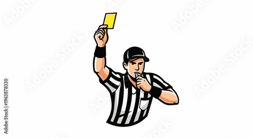 A referee in striped uniform holds up a yellow card and blows a whistle