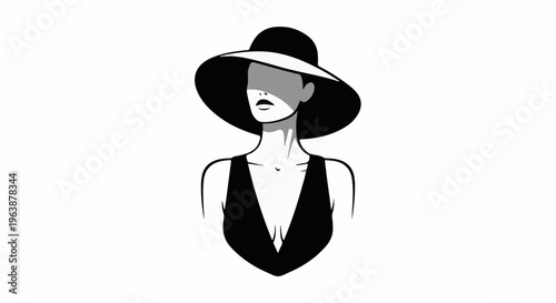 Black and white minimalist portrait of a woman in a wide-brimmed hat and low-cut top