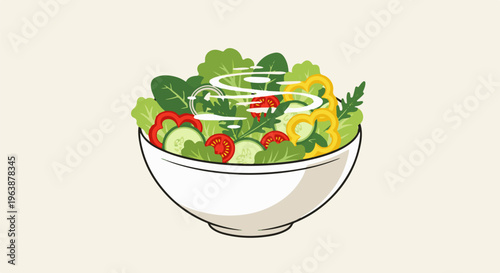 A refreshing salad in a white bowl with drizzled dressing