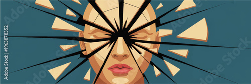 Surreal shattered head illustration, exploding mind, mental health stress concept, emotional breakdown art on blue background