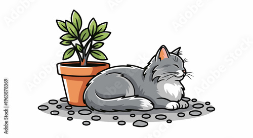 A relaxed grey cat naps beside a potted plant on a bed of pebbles