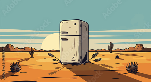 A retro refrigerator stands in a stylized desert landscape with cacti and mountains under a striped sky