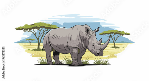 A rhino stands in a savanna with trees and mountains in the background