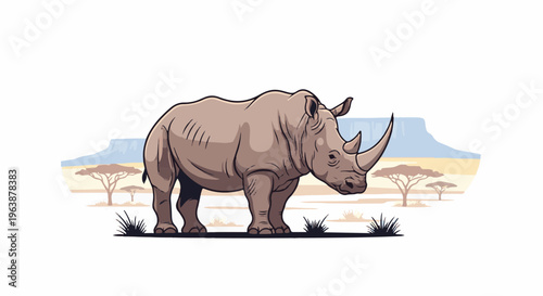 A rhinoceros stands on a savanna with acacia trees and a mountain backdrop