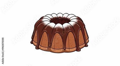A ring-shaped cake with chocolate glaze and powdered sugar