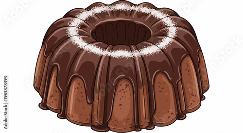 A rich chocolate bundt cake adorned with glossy icing and coconut flakes