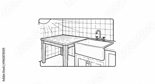 A rustic kitchen with a wooden table and a farmhouse sink bathed in sunlight