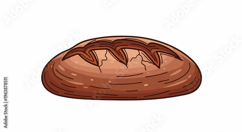 A rustic, brown loaf of bread with deep scoring on its crust