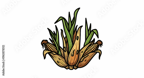 A rustic illustration of ripe corn ears with green stalks