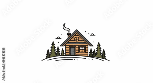 A rustic log cabin with smoke rising from its chimney, surrounded by pine trees